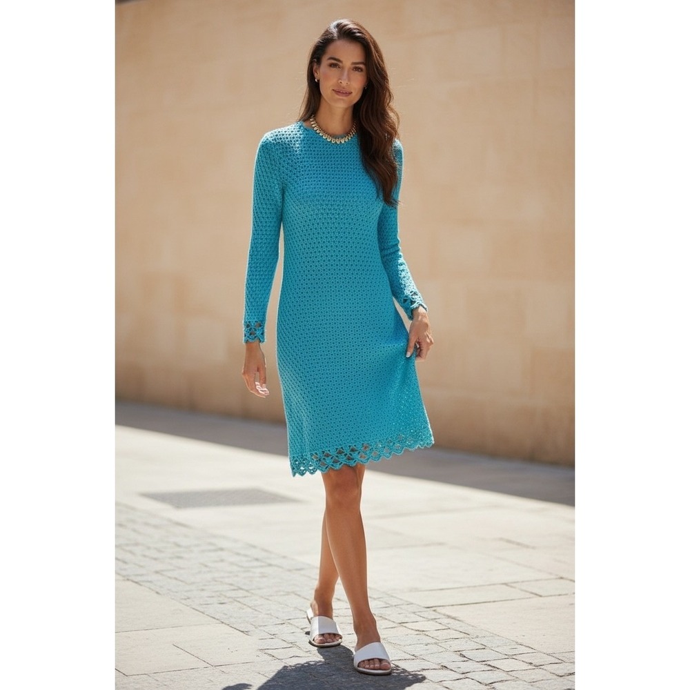 St John Blue Crochet Knit Long Sleeve Dress XS $1195